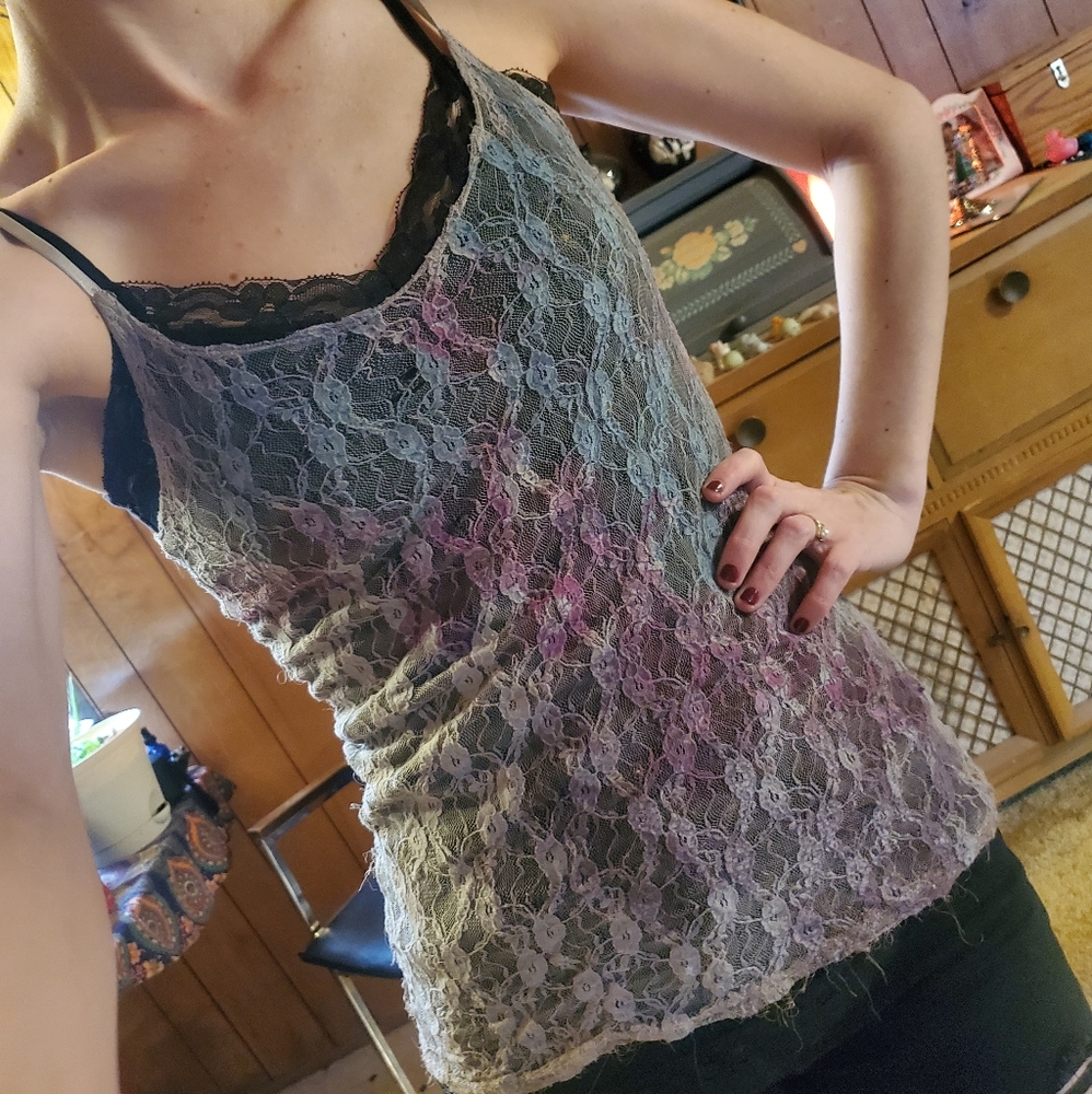 Stretchy lace tank top. Grey aqua and purple.